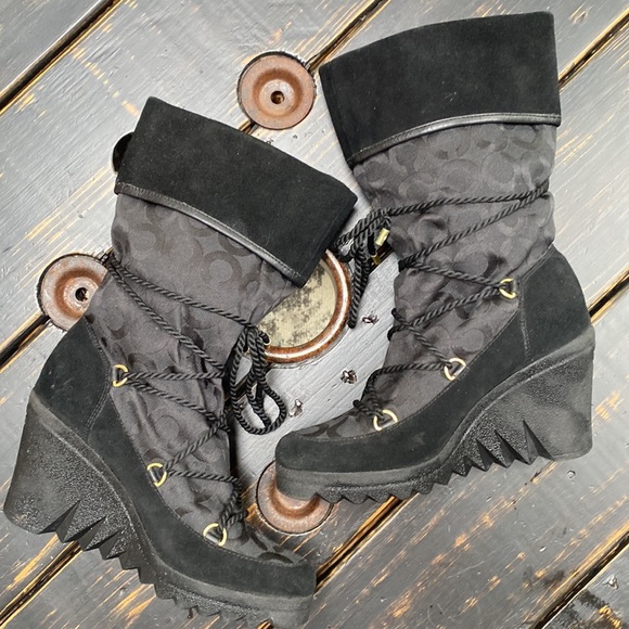 Coach black monogram jacquard Maisy rope tie lace up wedge winter boots Size 8 - Picture 14 of 16